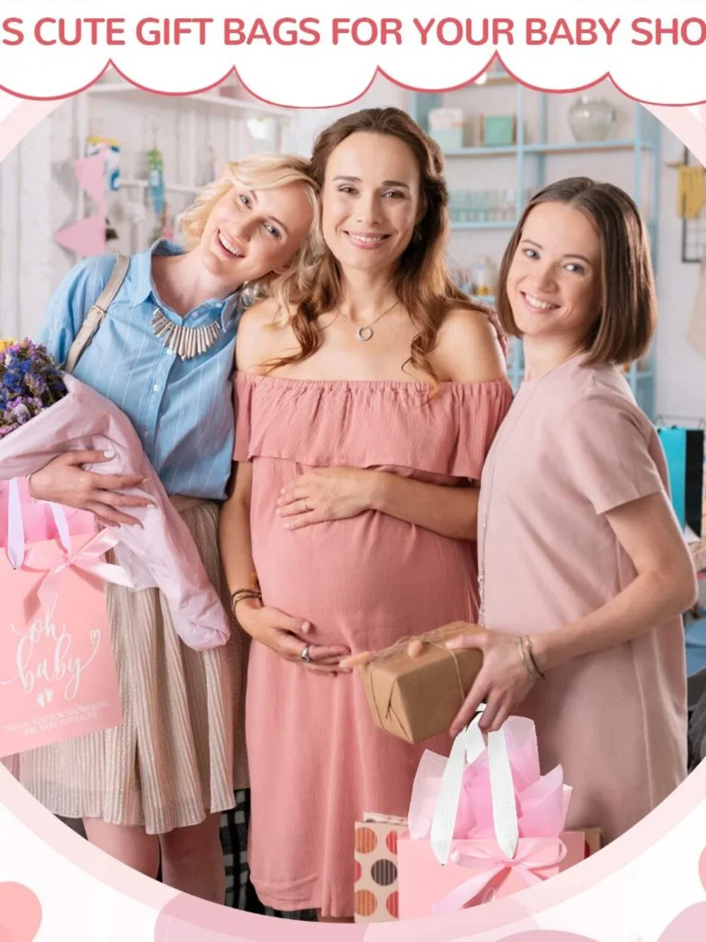 10 Pink Baby Shower Gift Bags with Tissue and Ties - 8.26x5.91x3.15 Inches